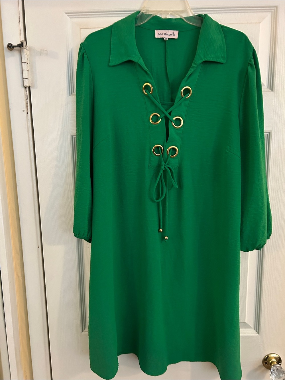 Green Lace-Up Long Sleeve Shift Dress
